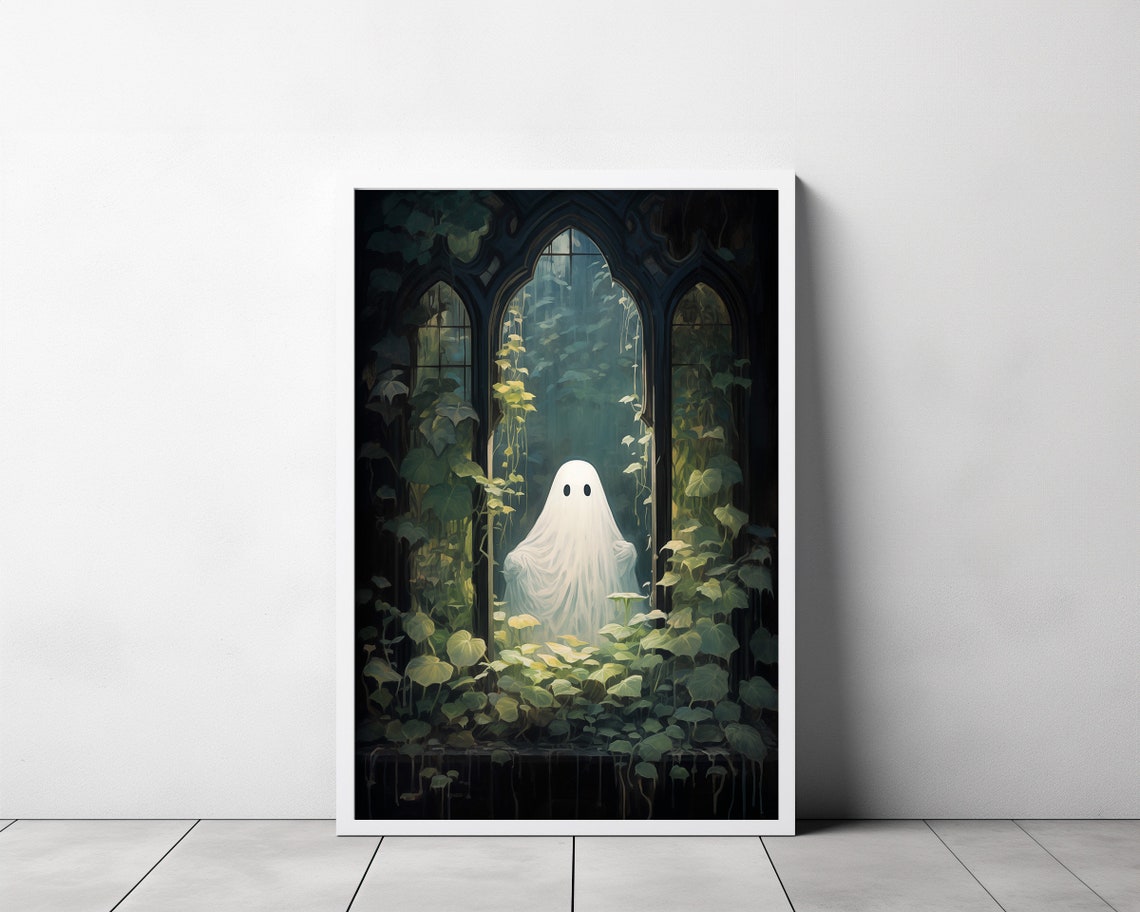 Ghost Peeking Through a Gothic Arched Ivy-Covered Window Poster - Image 3
