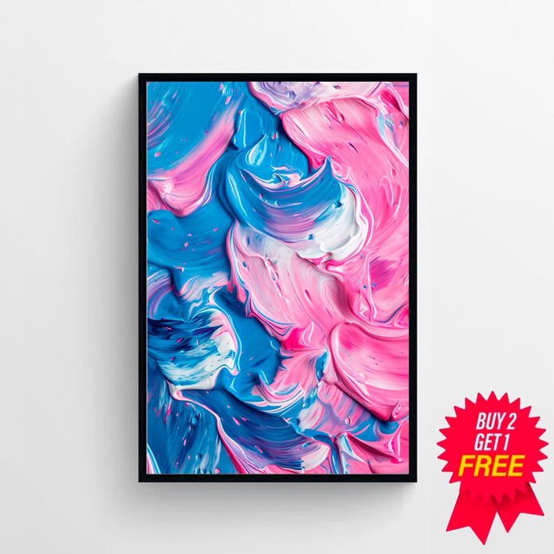 Bold Blue and Pink Swirled Abstract Impasto Oil Painting Wall Art - Image 4