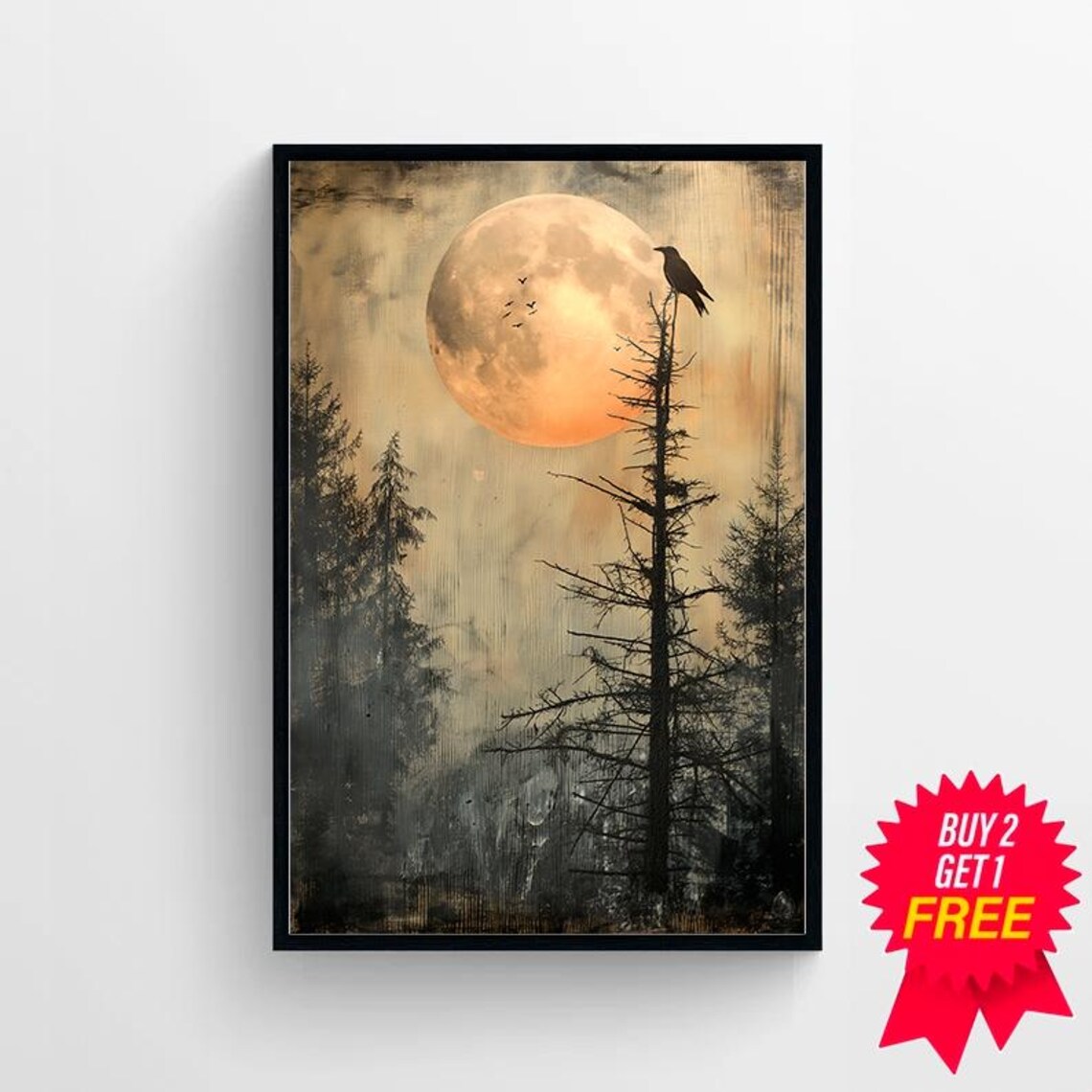 Giant Harvest Moon Behind a Crow Perched on a Bare Pine Tree Art Poster - Image 4
