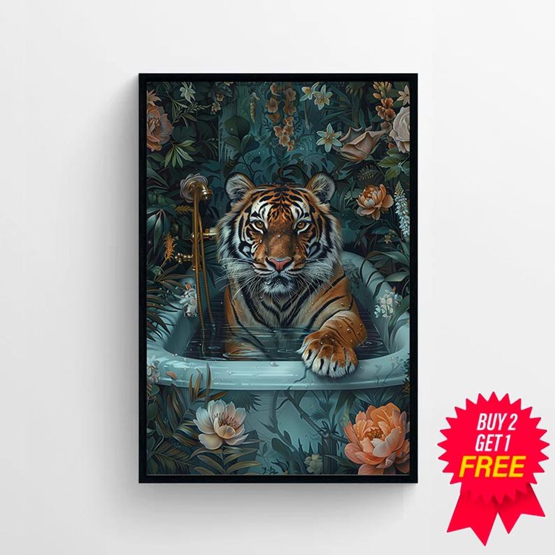 Tiger Bathing in Light Blue Bathtub Lush Floral Jungle Poster - Image 4