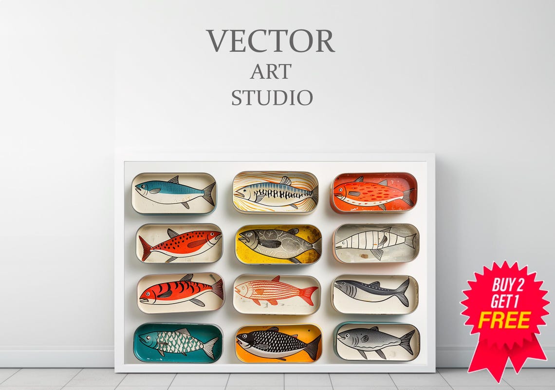 Twelve Painted Fish Sardine Tins in a Grid Kitchen Decor Poster - Image 3