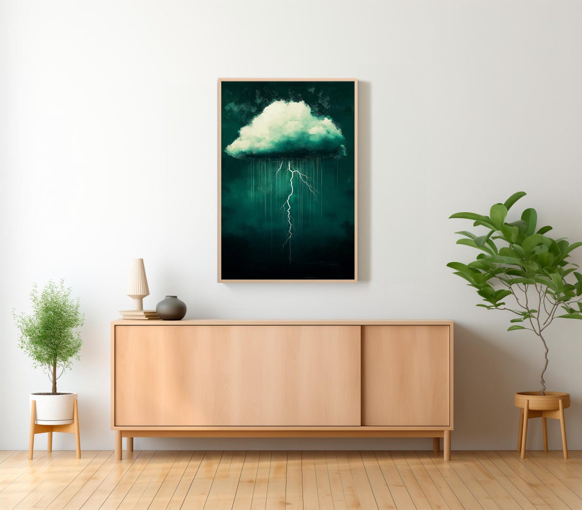 Emerald Green Storm Cloud with Lightning Minimalist Wall Poster - Image 3
