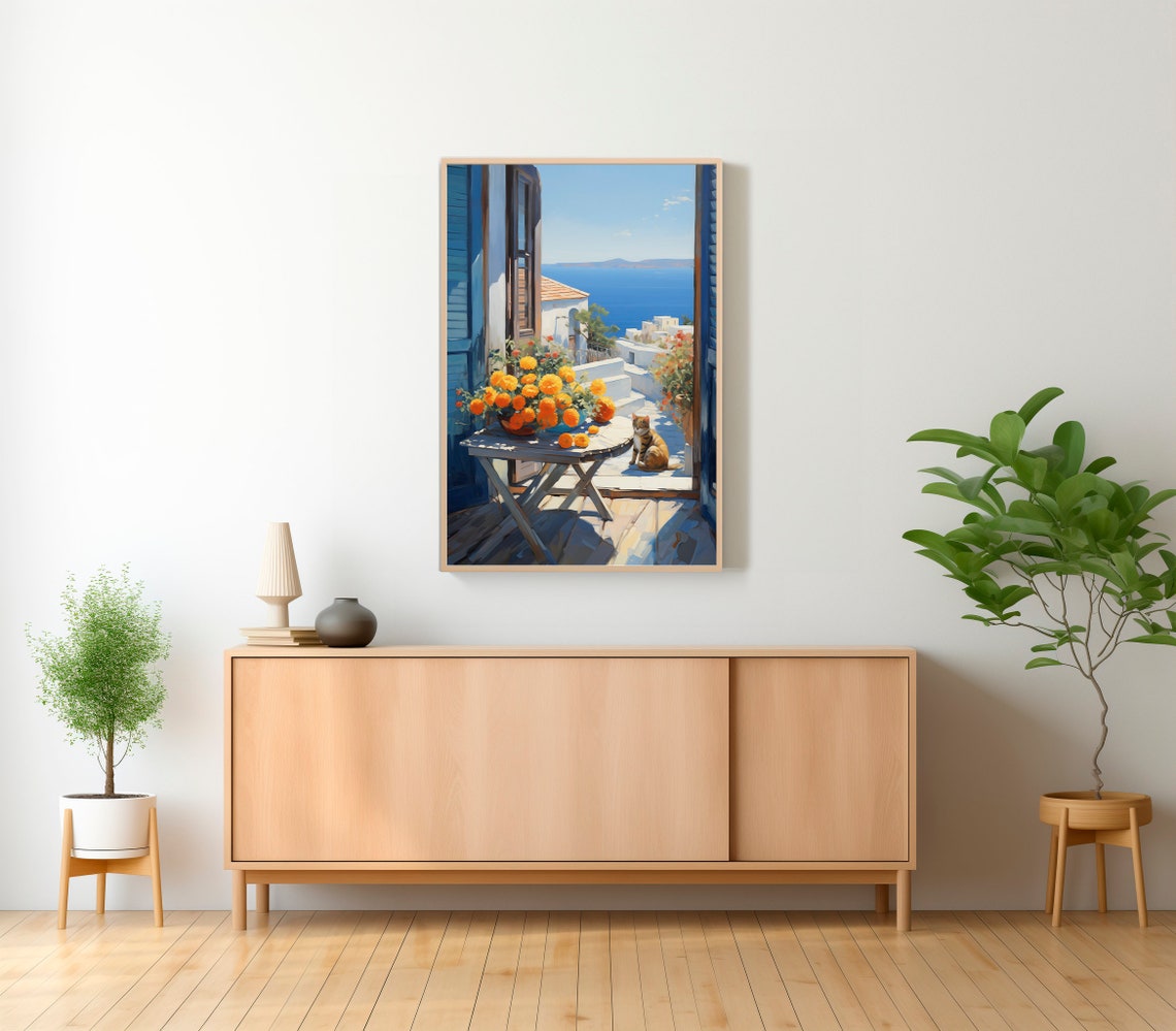 Coastal Window Cat Orange Flowers Sunny Sea Balcony View Poster - Image 2