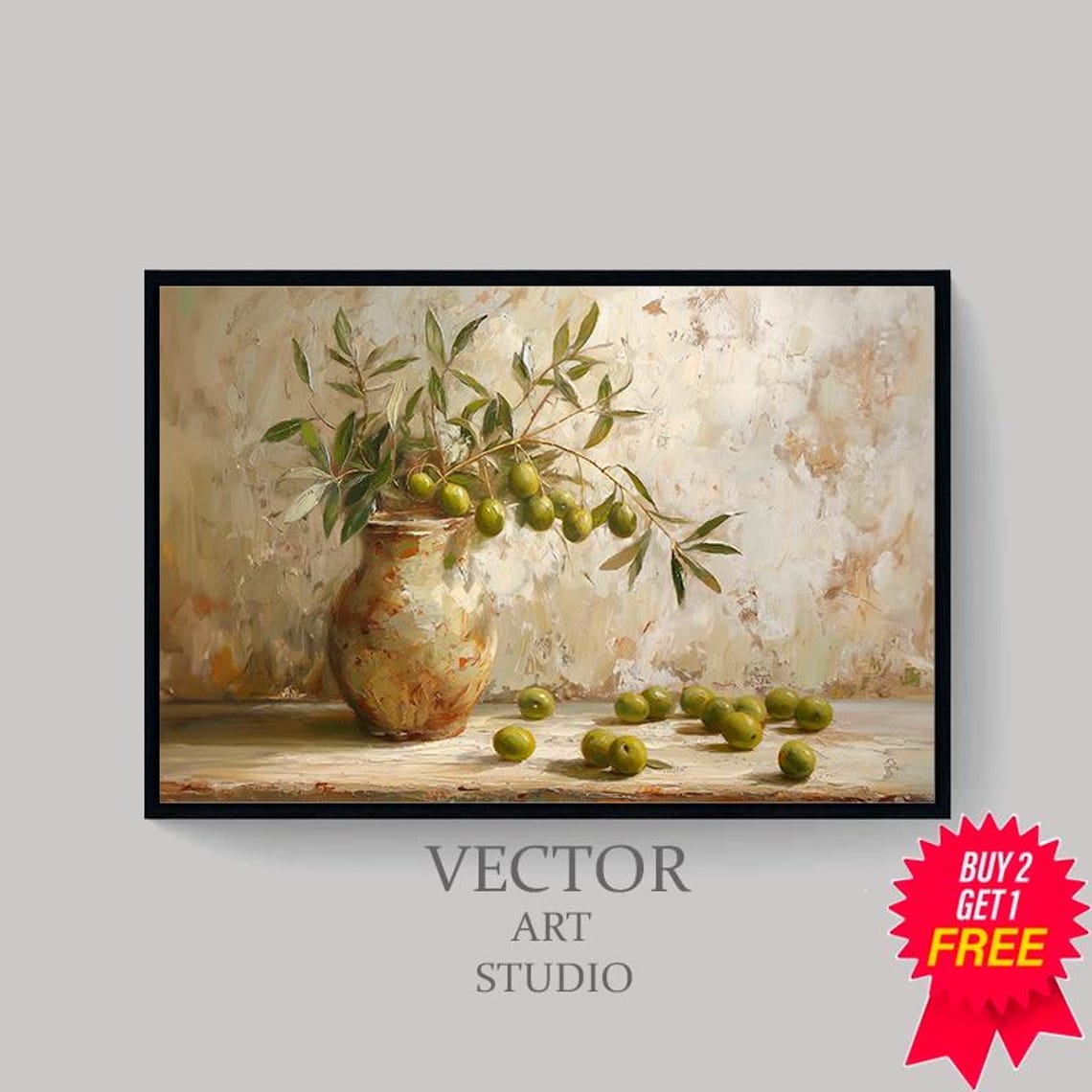 Olive Branches in Rustic Stone Jug on Beige Wall Still Life Poster - Image 4