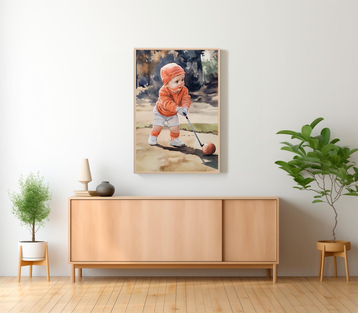 Toddler in an Orange Sweater Taking a Happy Golf Swing Poster - Image 2