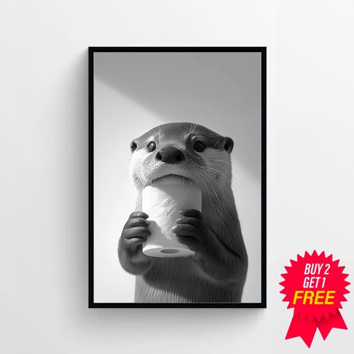 Funny Black and White Otter Biting a Toilet Paper Roll Poster - Image 4