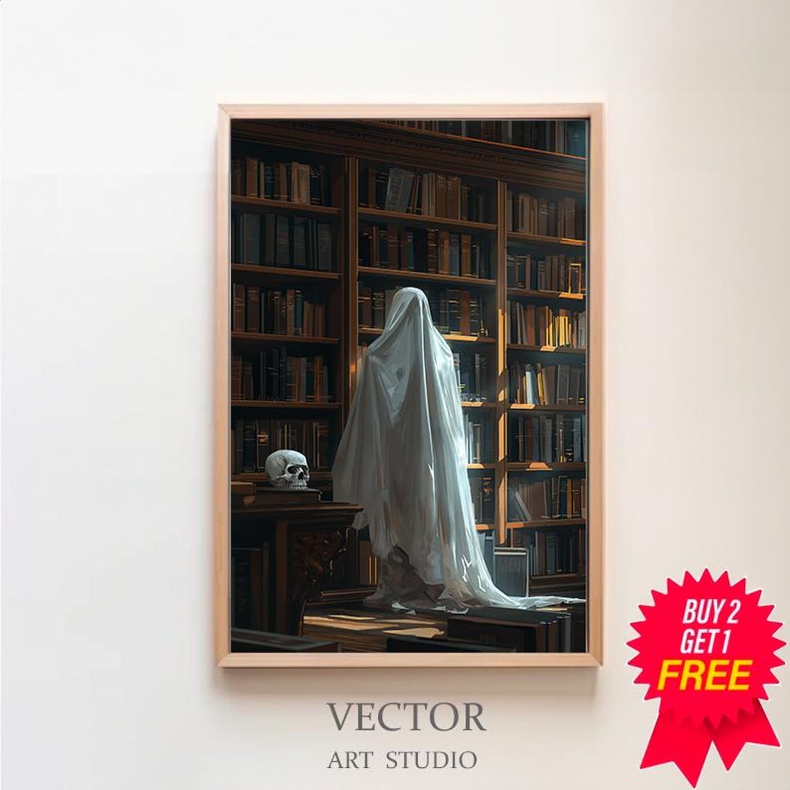 Ghost Browsing Dark Library Bookshelves With Skull Dark Art Poster
