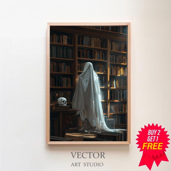 Ghost Browsing Dark Library Bookshelves With Skull Dark Art Poster