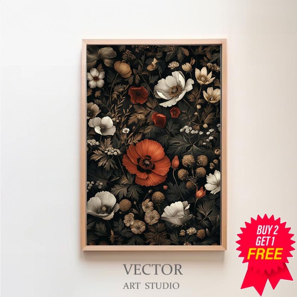 Moody Dark Botanical Garden with Red Orange Poppy Centerpiece Poster