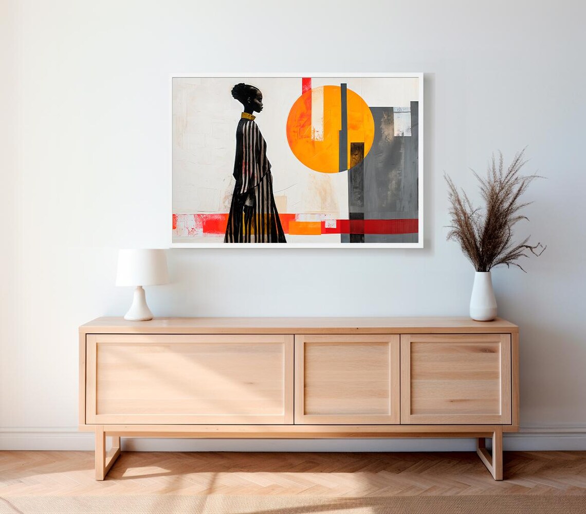 Elegant Woman Silhouette with Orange Sun Abstract Geometric Modern Art Poster - Image 2