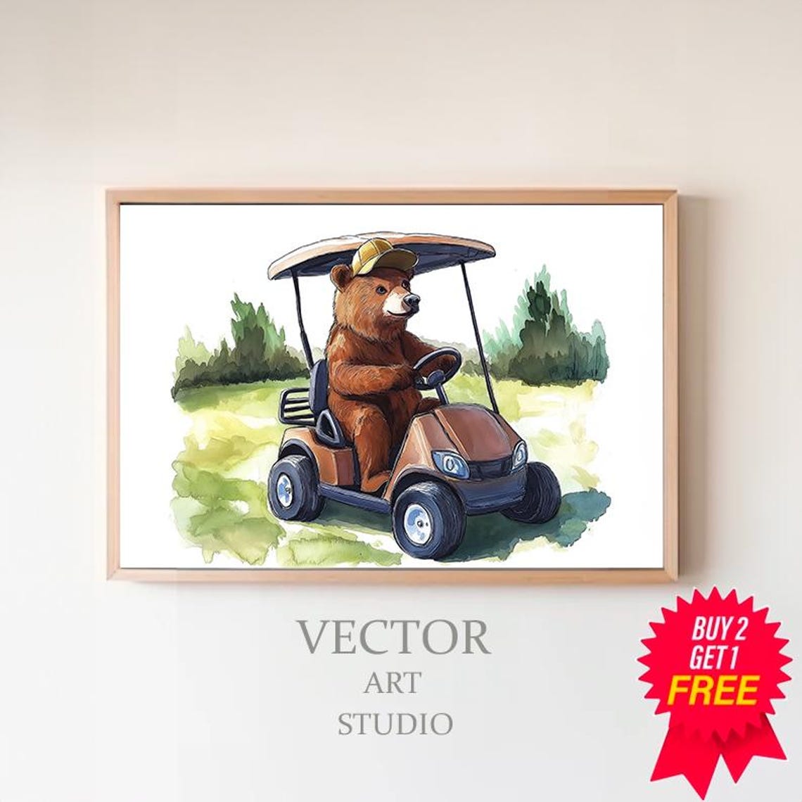 Brown Bear Driving Golf Cart Watercolor Nursery Golf Decor Poster