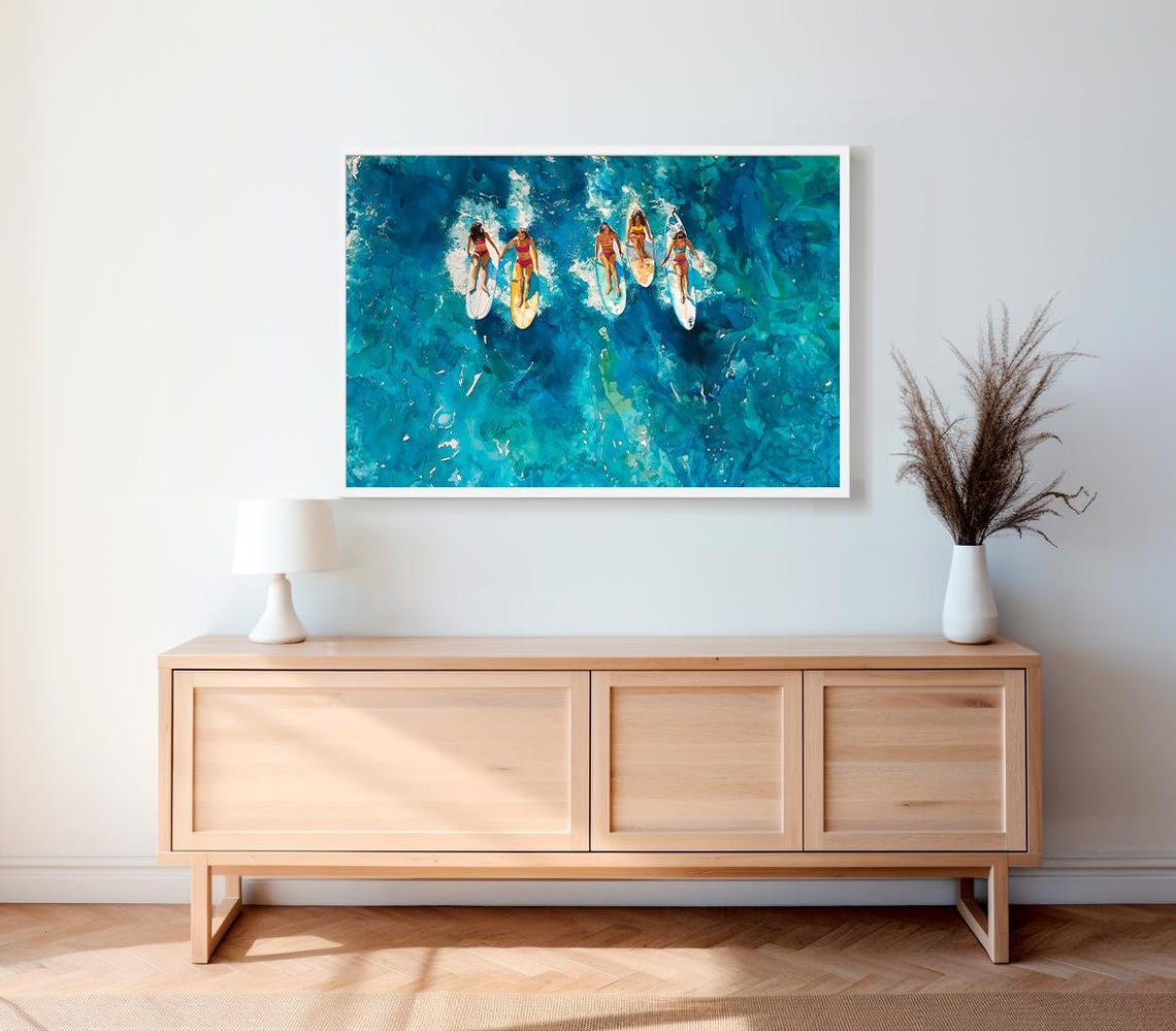 Six Surfers Paddling Together Turquoise Waves Aerial Coastal Poster - Image 2