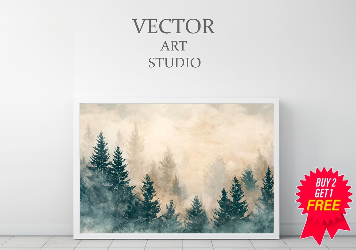 Soft Foggy Pine Forest Fading into Beige Mist in Watercolor Art Poster - Image 3