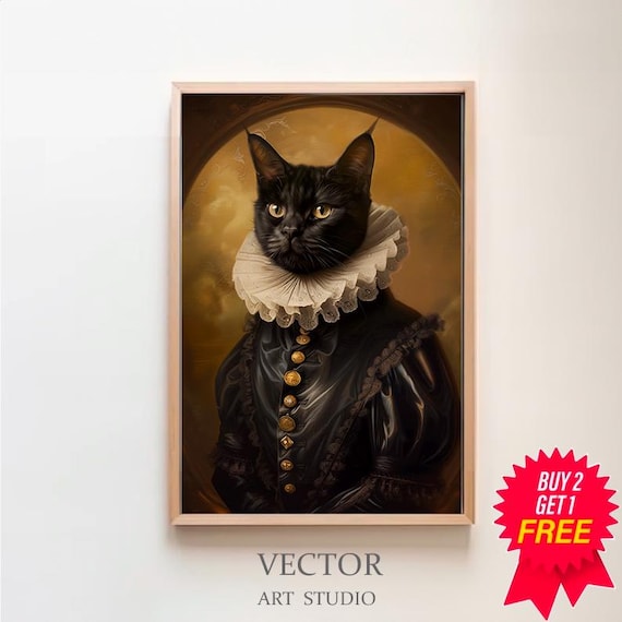 Regal Black Cat Renaissance Ruff Collar Portrait Golden Art Poster