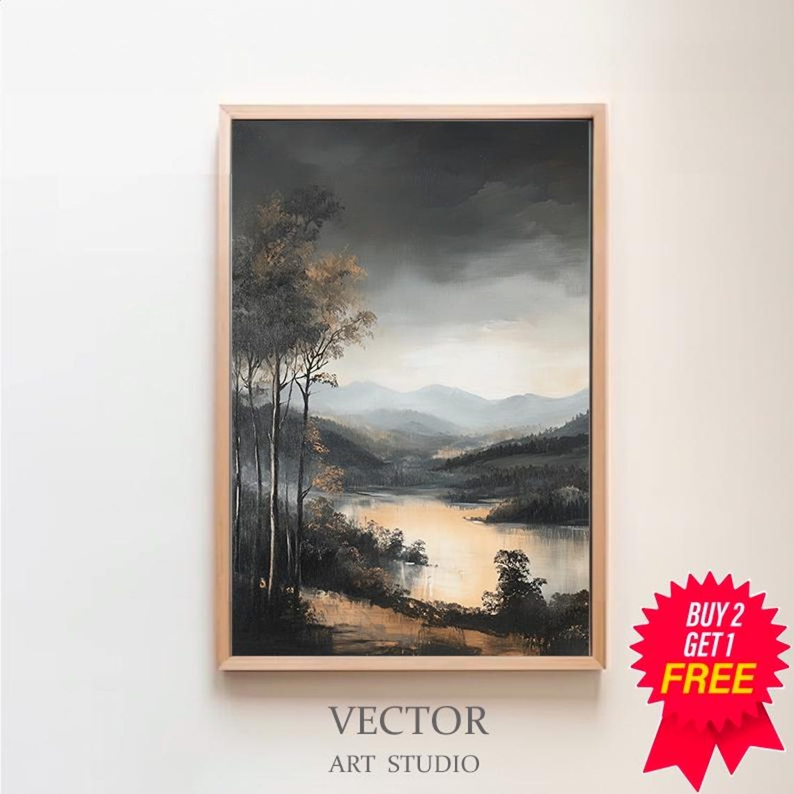 Moody Mountain Lake With Birch Trees Dramatic Landscape Poster