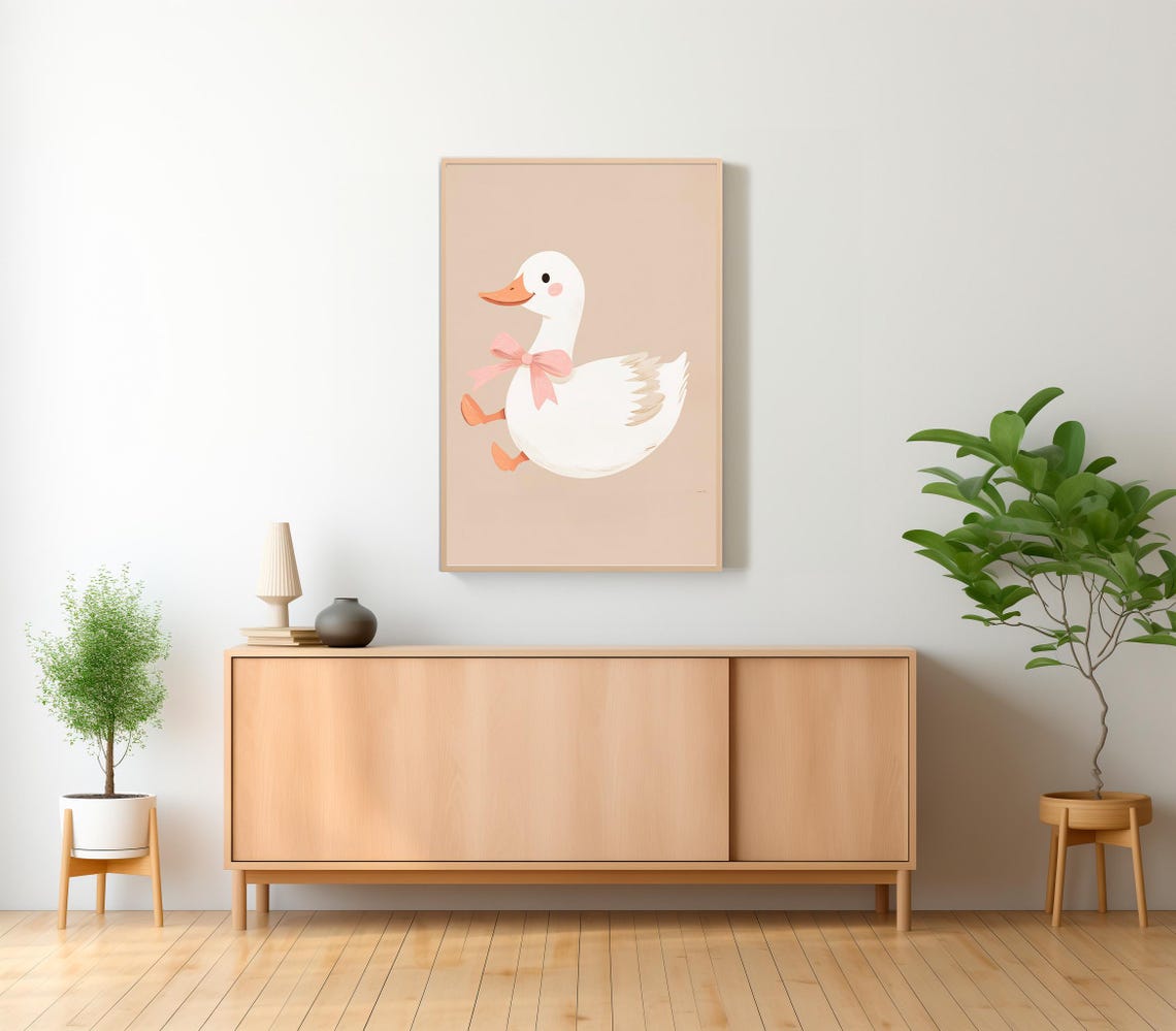 Cute White Duck With Pink Bow Running on Beige Nursery Poster - Image 2