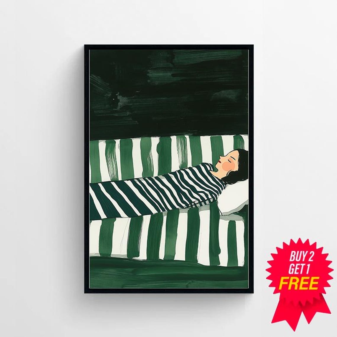 Emerald Striped Woman Reclining on Chaise Under a Dark Night Poster - Image 4