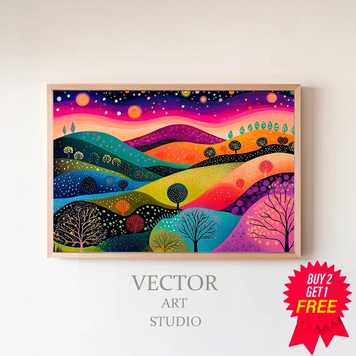 Colorful Rolling Hills Under a Sunset Abstract Landscape Poster