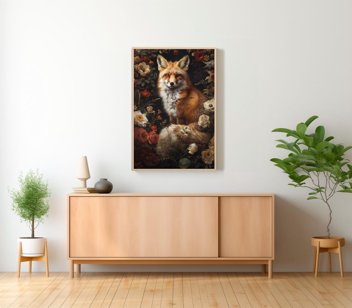 Red Fox Sitting Among Dark Flowers in a Moody Night Forest Poster - Image 2
