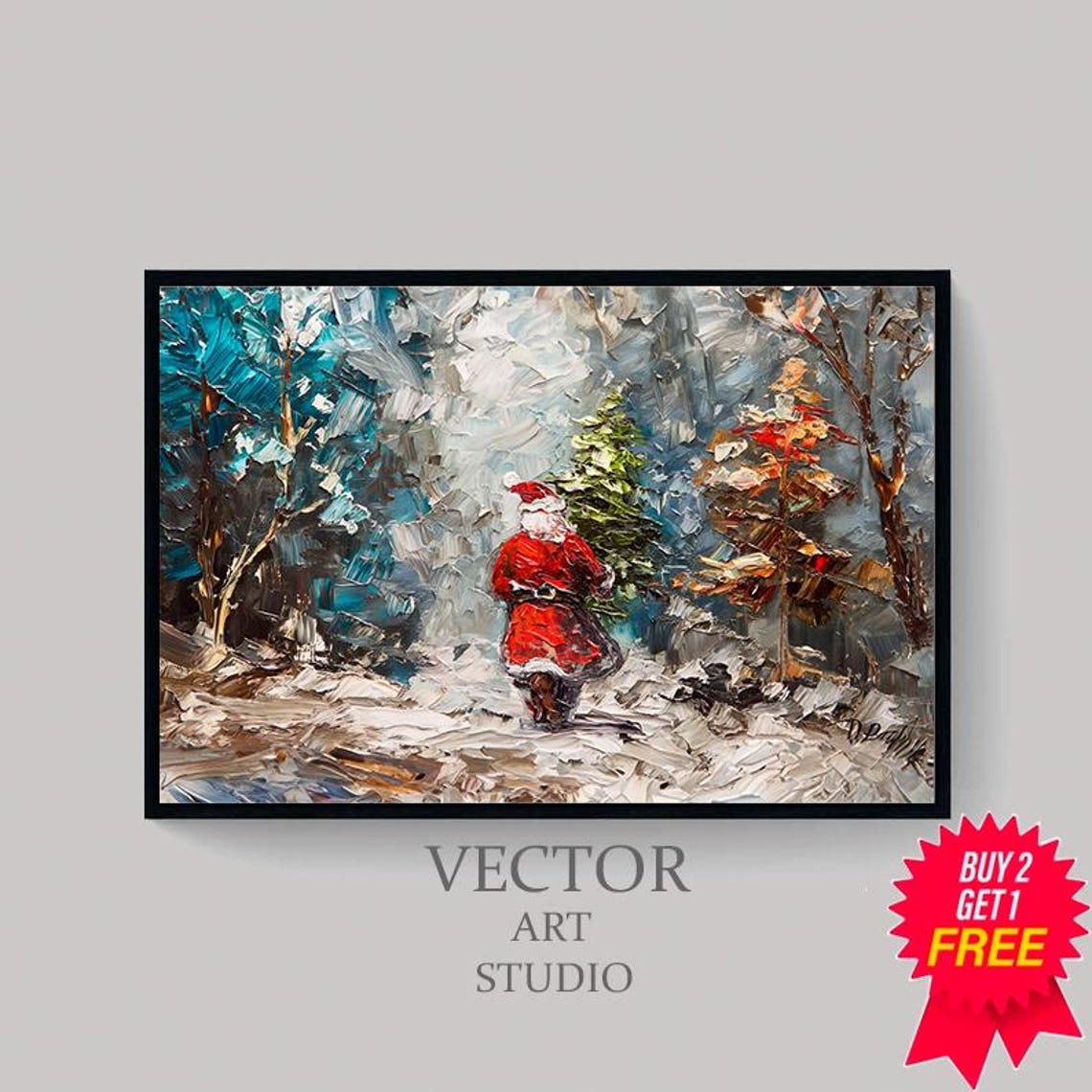 Santa Claus Carrying A Christmas Tree Through Snowy Woods Poster - Image 4