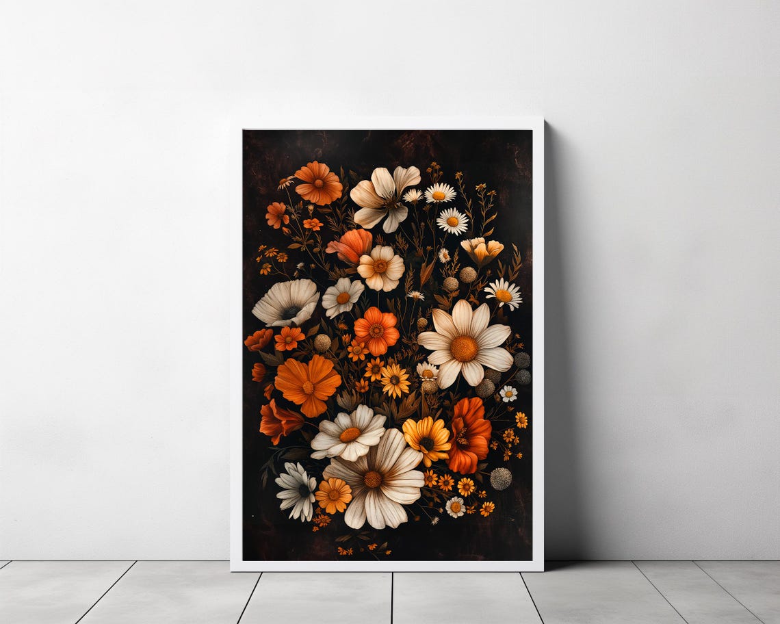 Orange White Wildflower Bouquet Moody Dark Floral Art Poster - Image 3