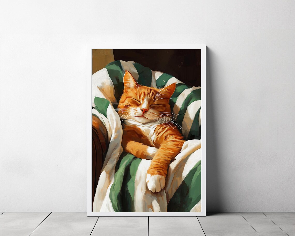 Sleeping Ginger Cat Snuggled in a Green and White Striped Blanket Poster - Image 3
