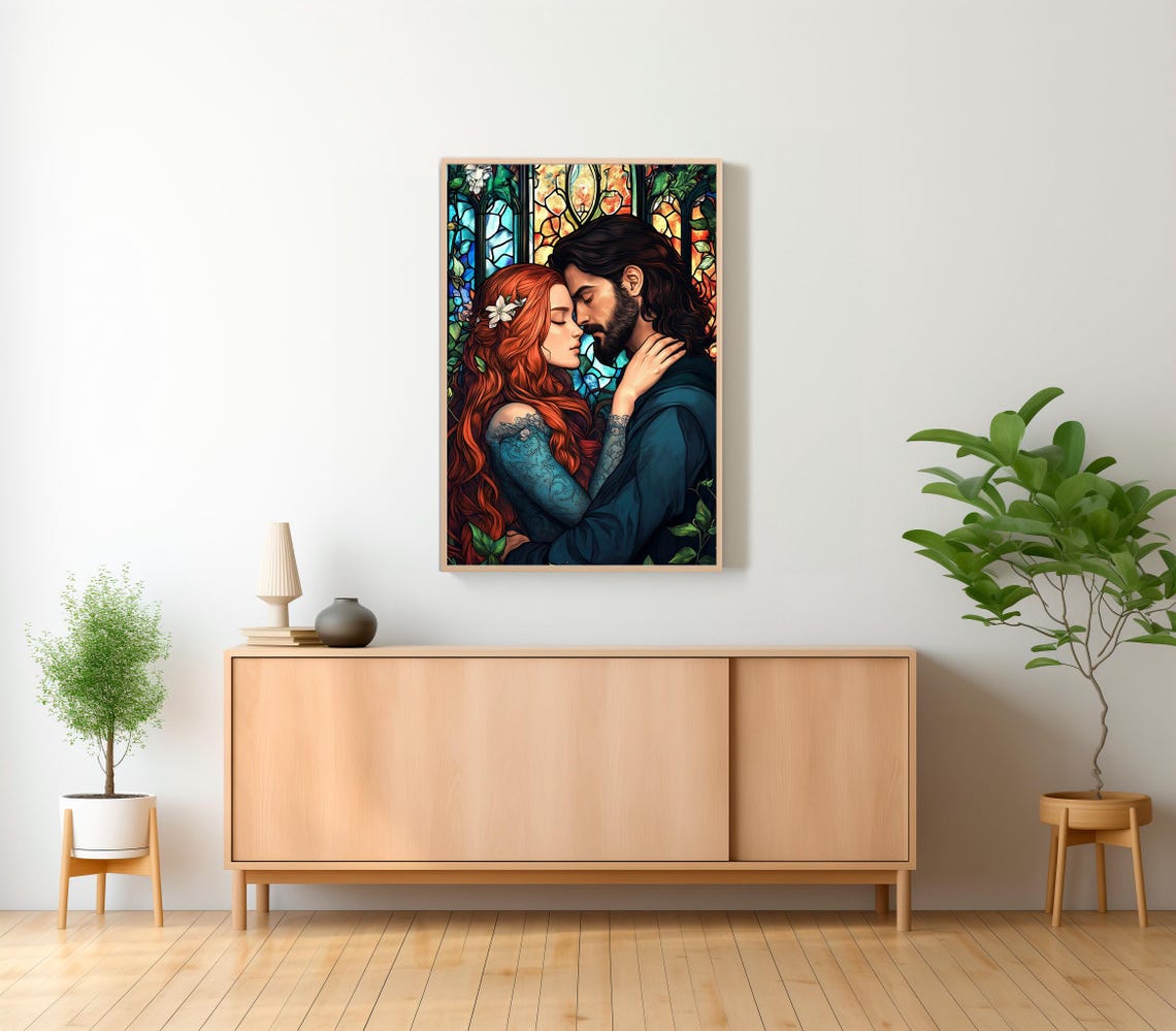 Persephone and Hades Stained Glass Style Romantic Embrace Art Poster - Image 2