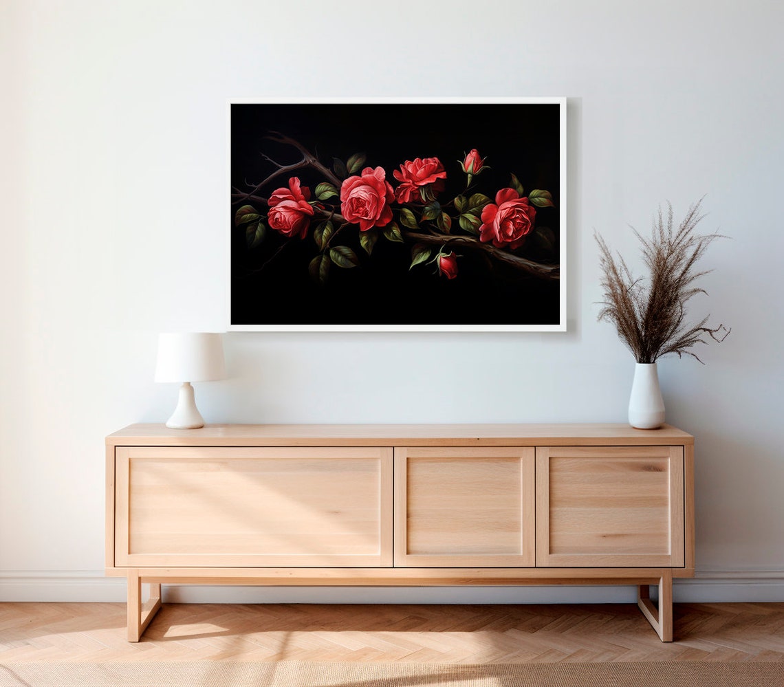 Red Roses on Branch Black Background Moody Floral Oil Poster - Image 2