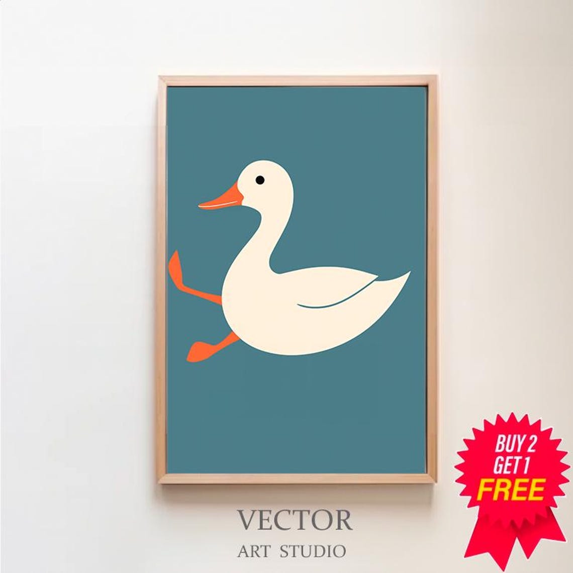 Minimalist White Duck Running on Teal Modern Style Nursery Poster