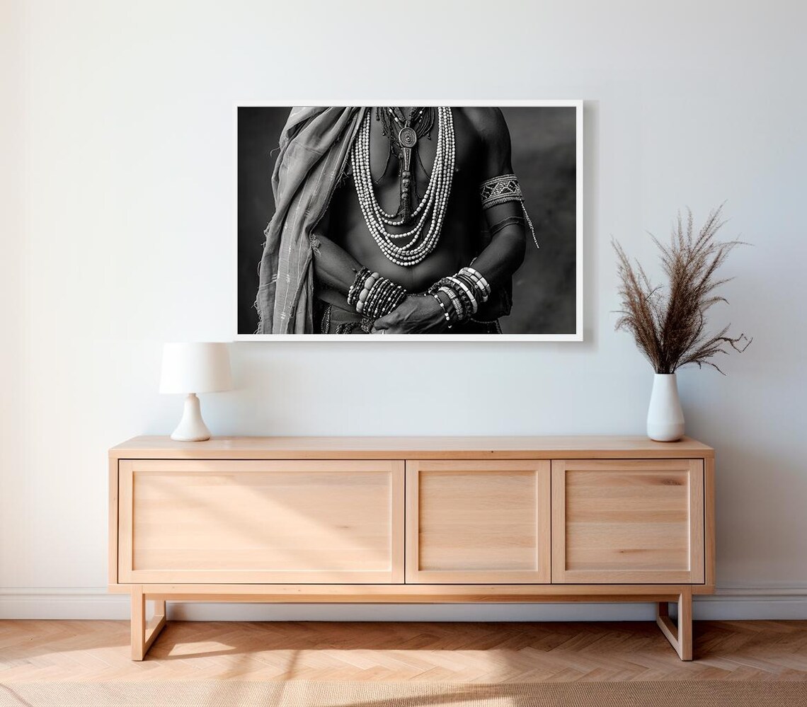 African Tribal Bead Jewelry Black and White Photography Print - Image 2