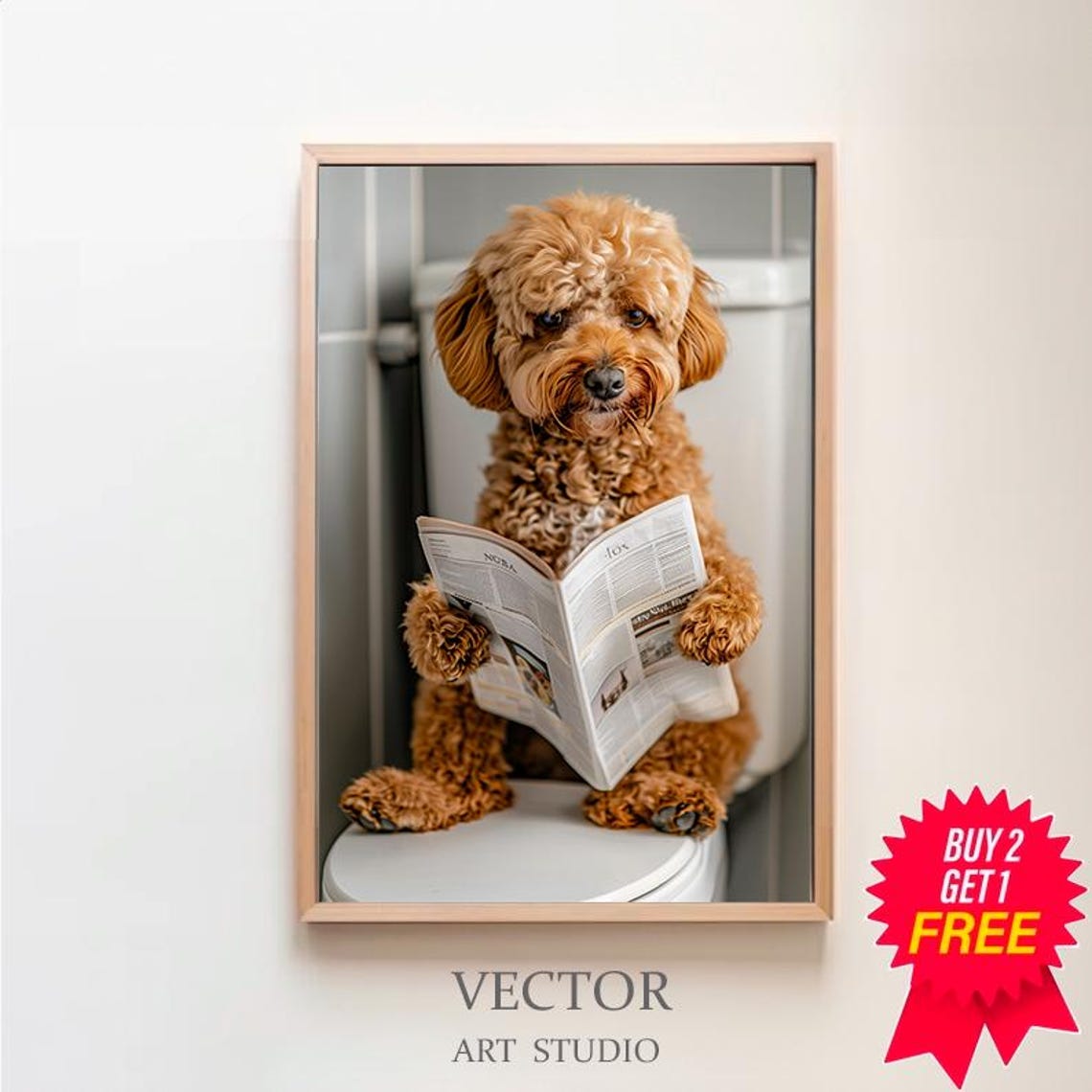 Cockapoo Puppy Reading Newspaper on Toilet Funny Animal Poster