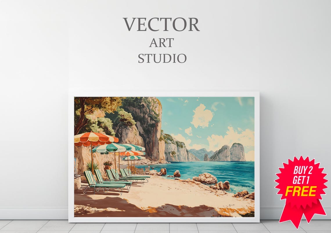 Sunny Capri Beach With Striped Umbrellas And Sea Stacks Poster - Image 3