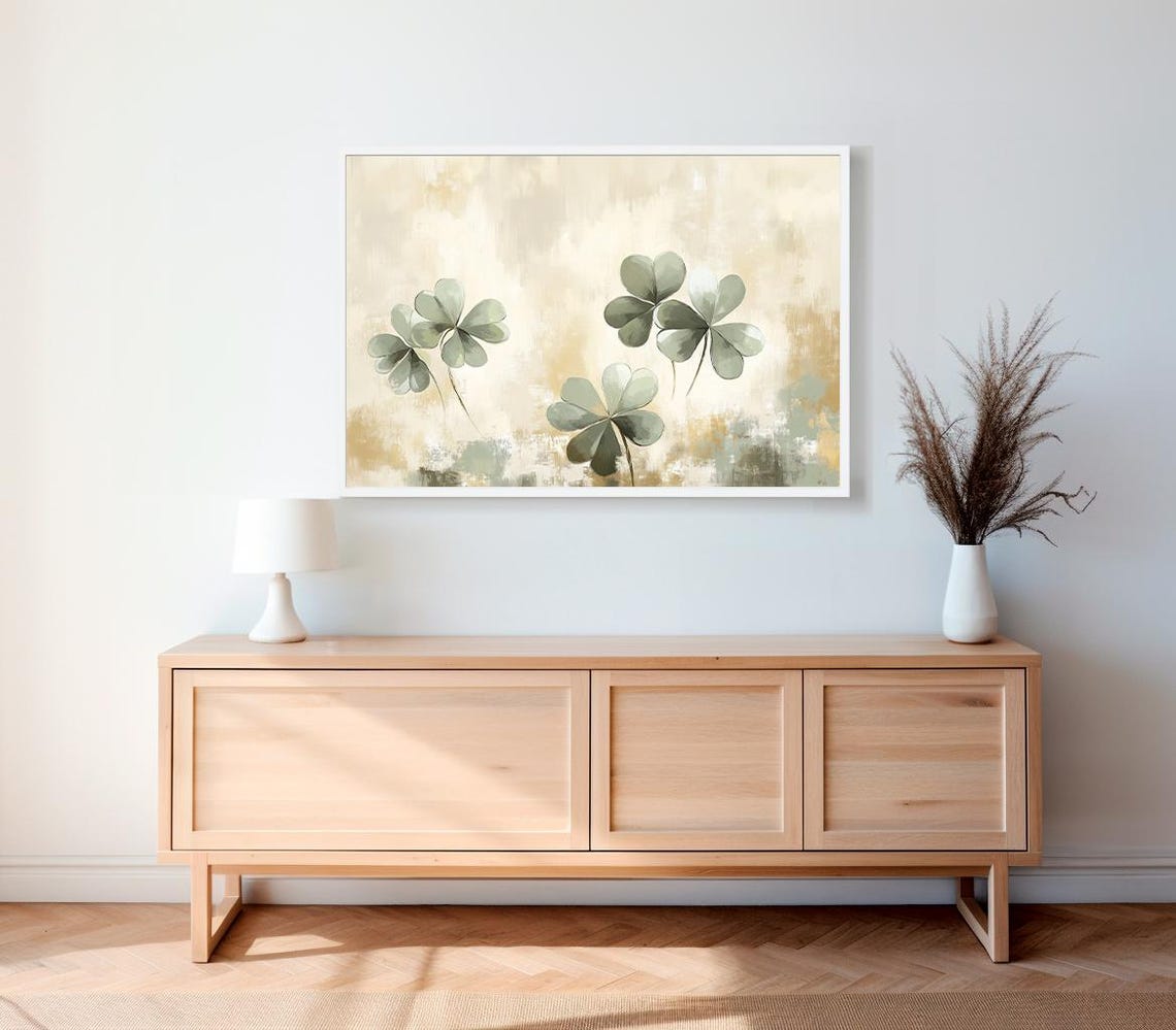 Shamrock Rustic Painting Frame Tv Art St Patricks Day Decor Clover Print Moody Vintage Print Green Lg Gallery Tv - Image 2