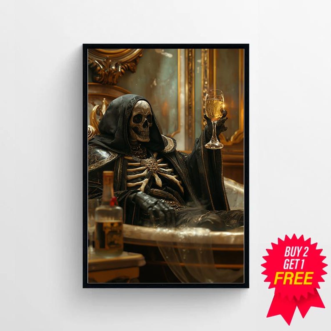 Grim Reaper In Bath Raising Champagne Glass Gothic Humor Poster - Image 4