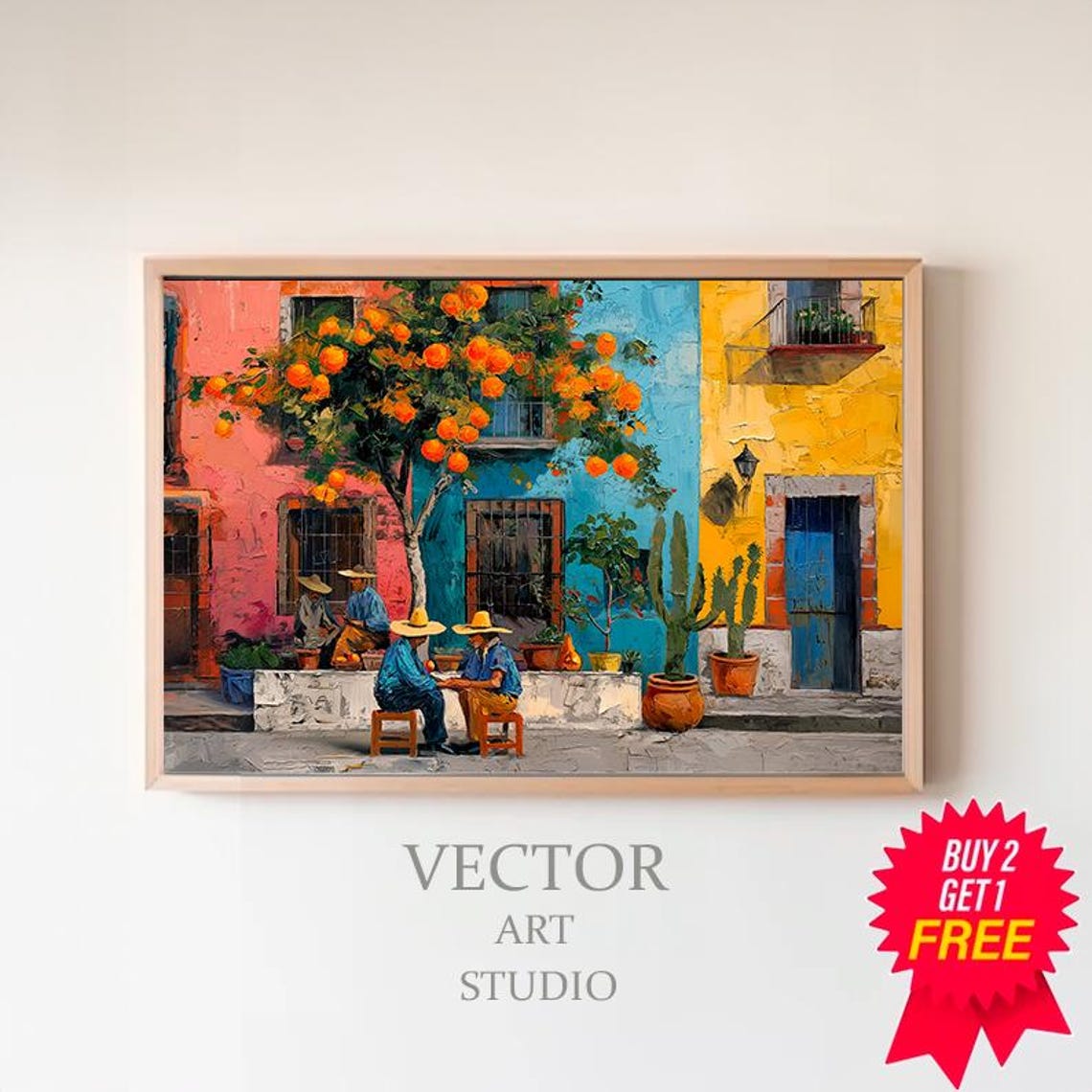Mexican Village with an Orange Tree and Men in Sombreros Poster