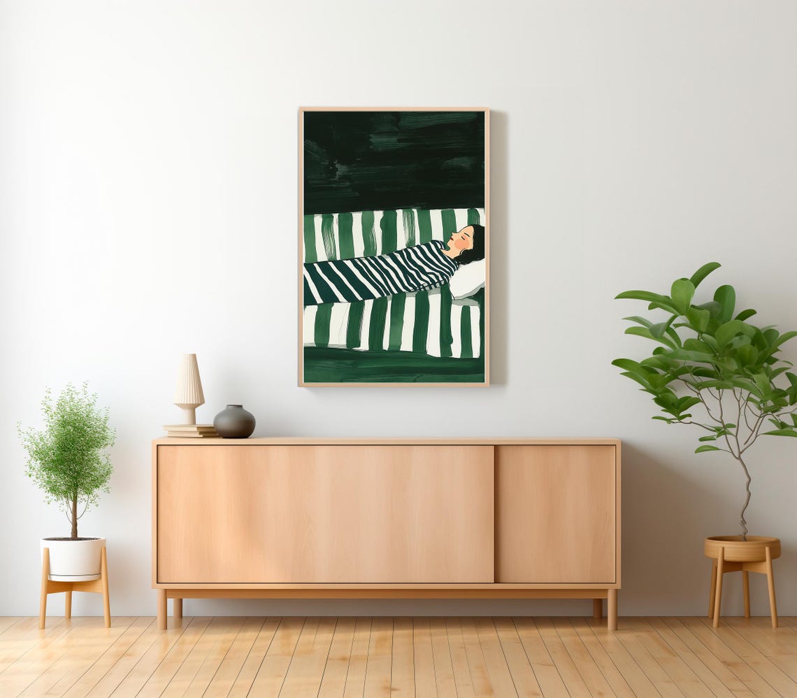 Emerald Striped Woman Reclining on Chaise Under a Dark Night Poster - Image 2