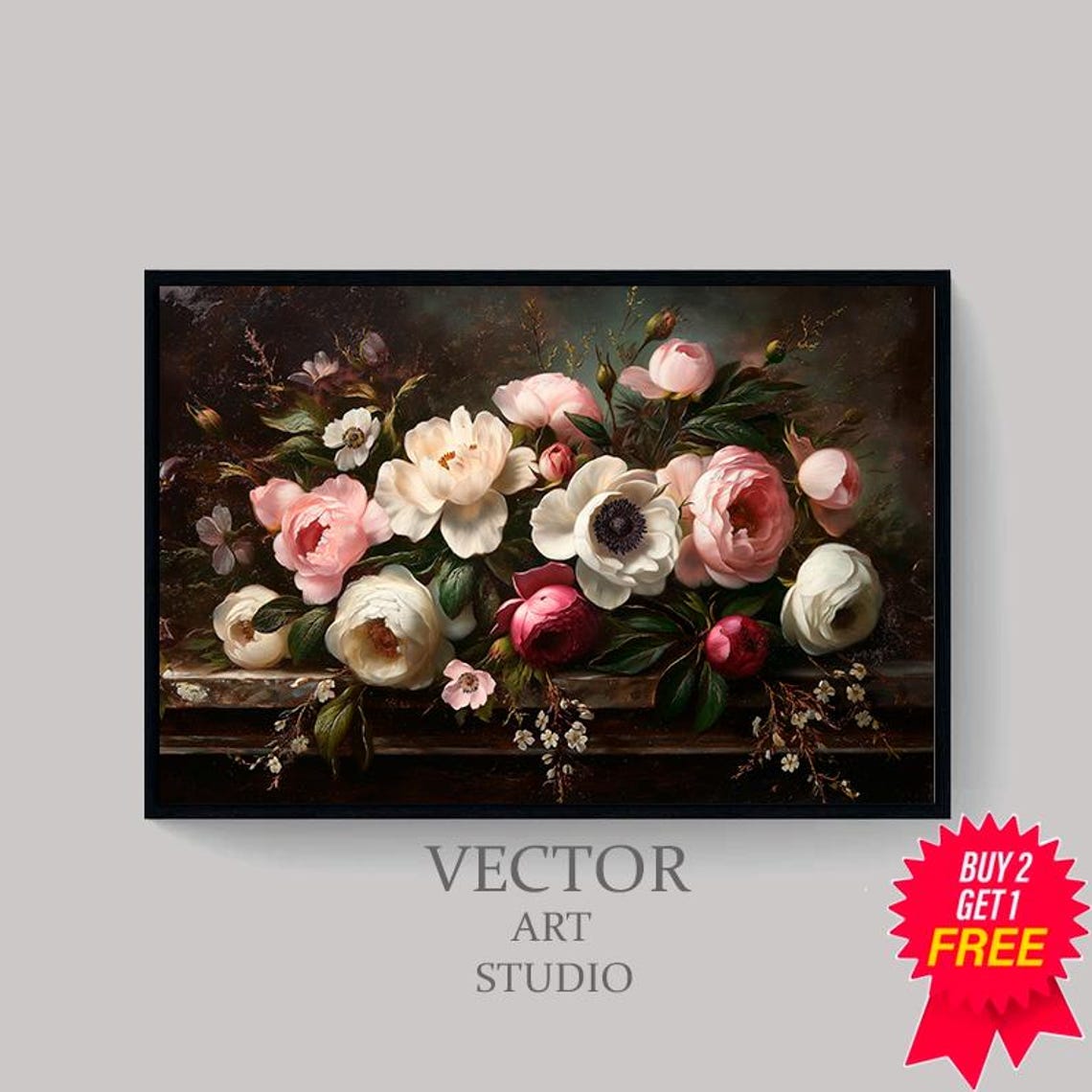 Moody Dark Floral Still Life Roses on Stone Ledge Vintage Poster - Image 4