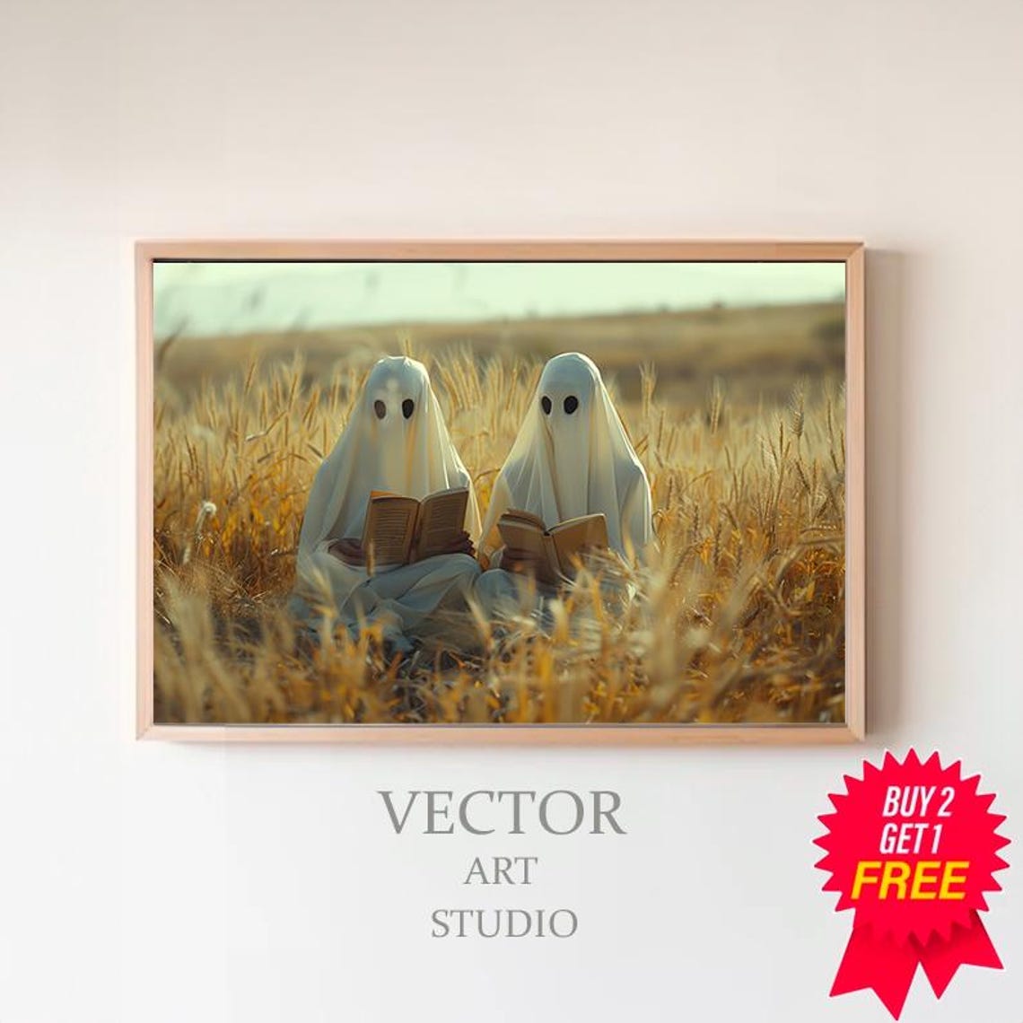 Two Cute Ghosts Reading Books At Golden Hour Wheat Field Art Poster
