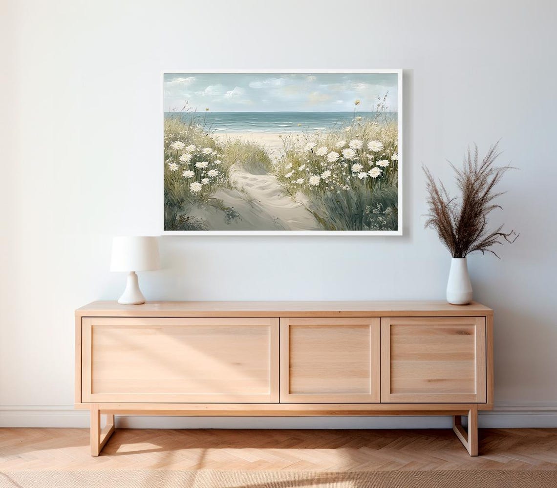 Sandy Beach Path Through White Wildflowers by the Ocean Poster - Image 2