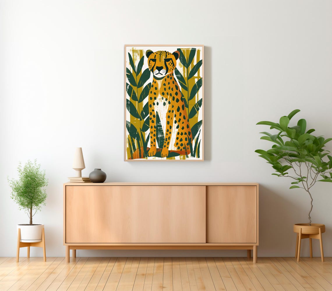 Retro Orange Cheetah Among Tropical Leaves Bold Jungle Art Poster - Image 2