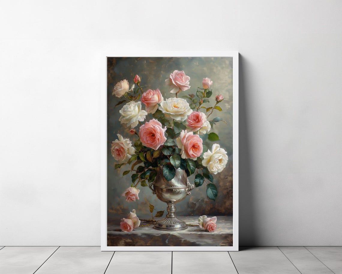 Pink and White Roses in Silver Urn Classic Floral Still Life Poster - Image 3