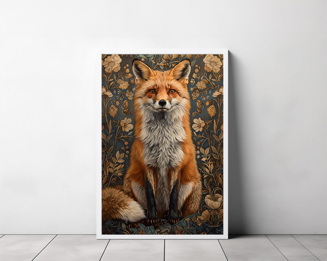 Red Fox in a Golden Floral Garden Vintage Botanical Style Art Poster - Image 3
