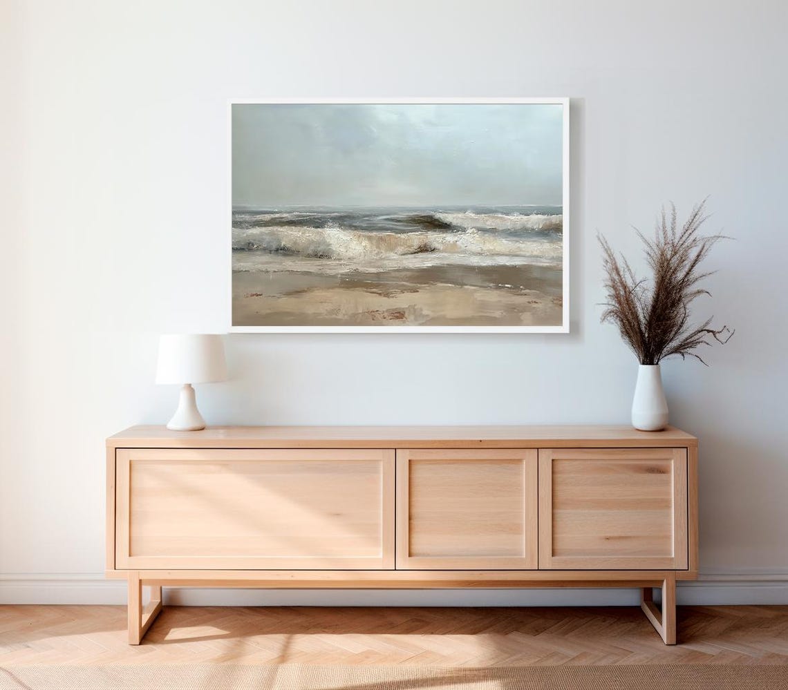Calm Neutral Beach Seascape with Gentle Waves Coastal Wall Art - Image 2