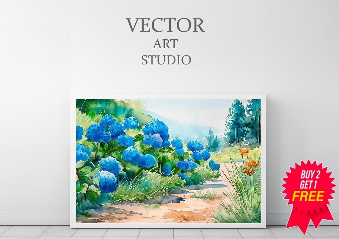 Bright Blue Hydrangeas Watercolor Garden Path Sunny Floral Poster - Image 3