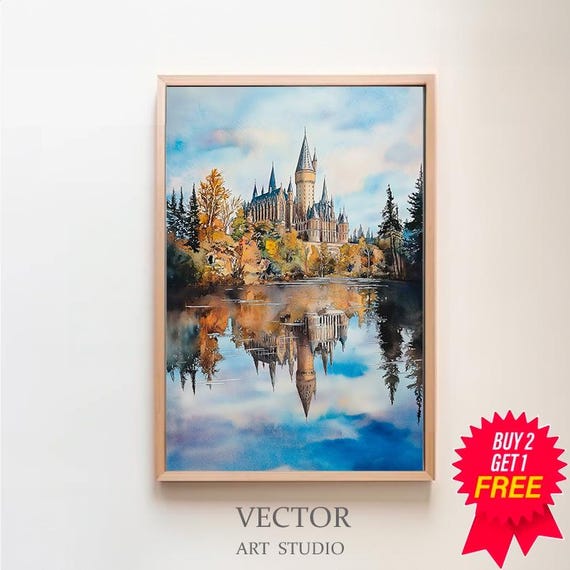 Magical Castle Summer Watercolour Charming Wizard Art Wizarding World Enthusiasts Witchcraft Great Lake At Spring Magical School Print