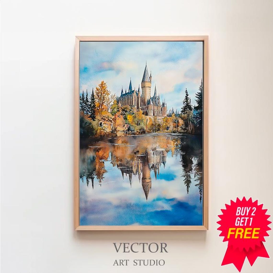 Wizard Castle Lake Mirror Reflection Watercolor Painting Poster