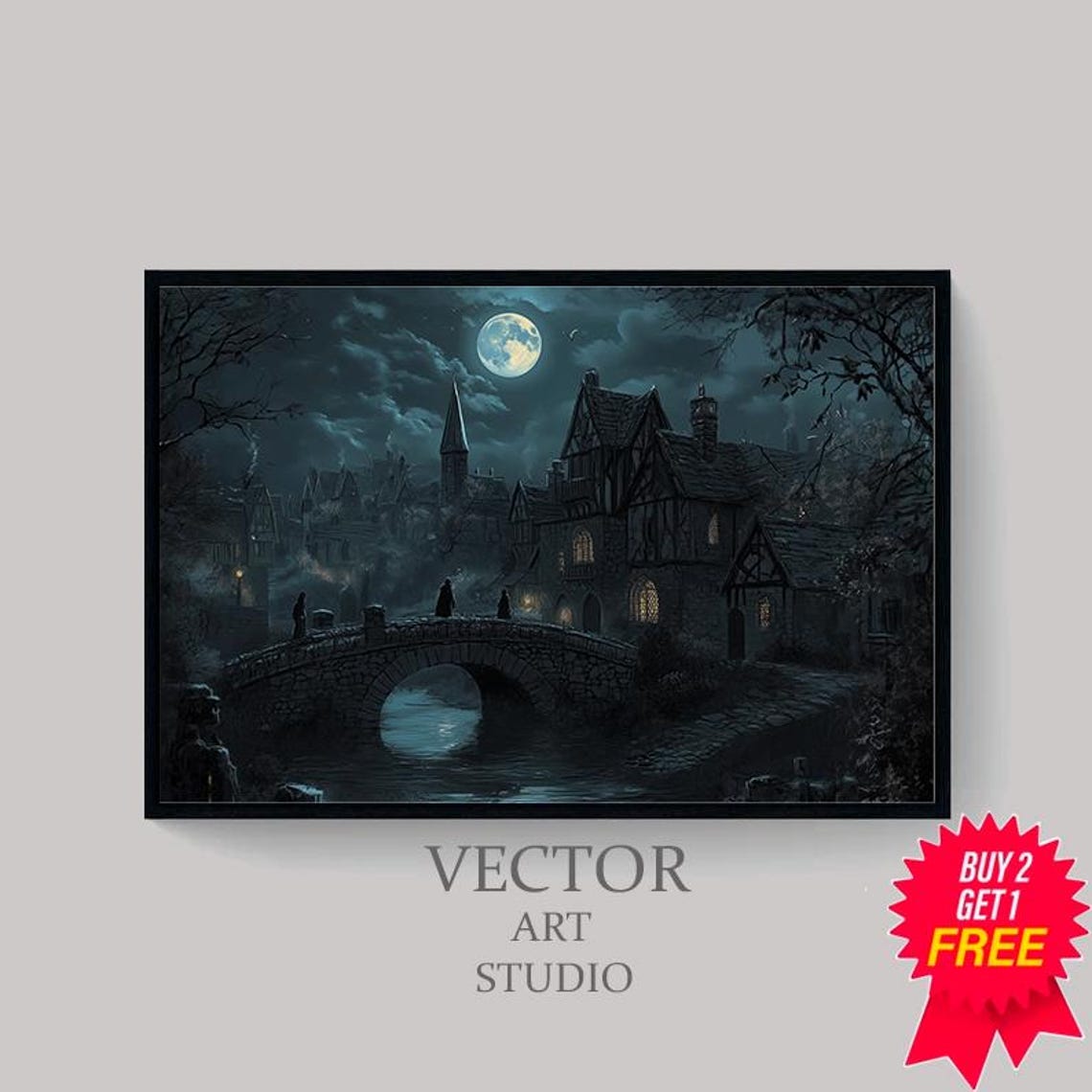 Moonlit Gothic Village Bridge Medieval Fantasy Painting Poster - Image 4