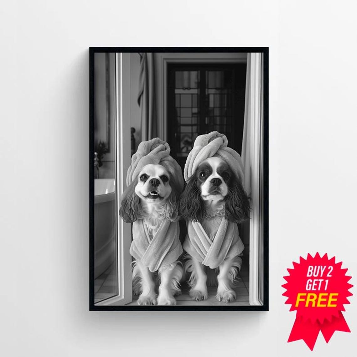 Two Cavalier Spaniels with Towel Turbans Spa Duo Funny Poster - Image 4