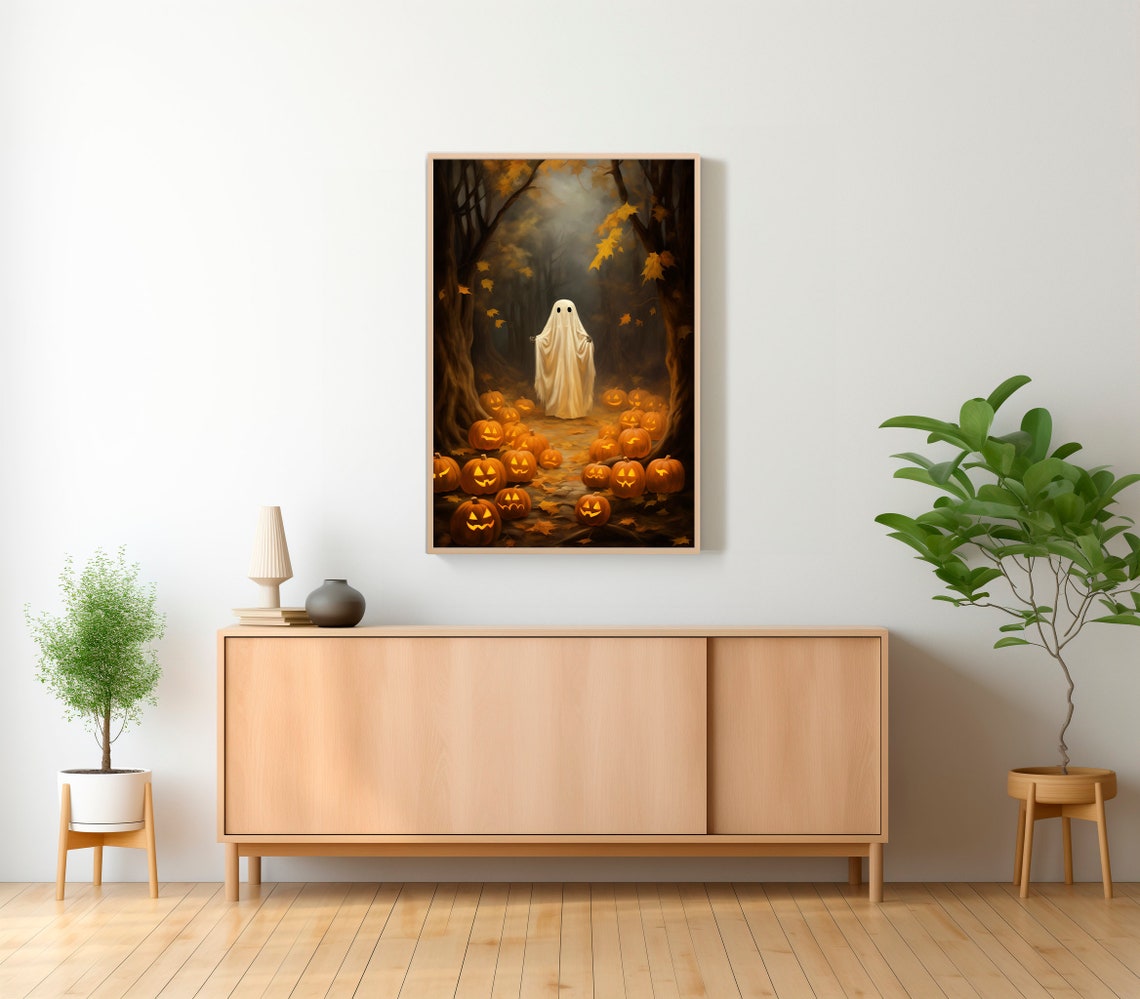 Ghost Among Glowing Jack O Lanterns Misty Woods Halloween Poster - Image 2
