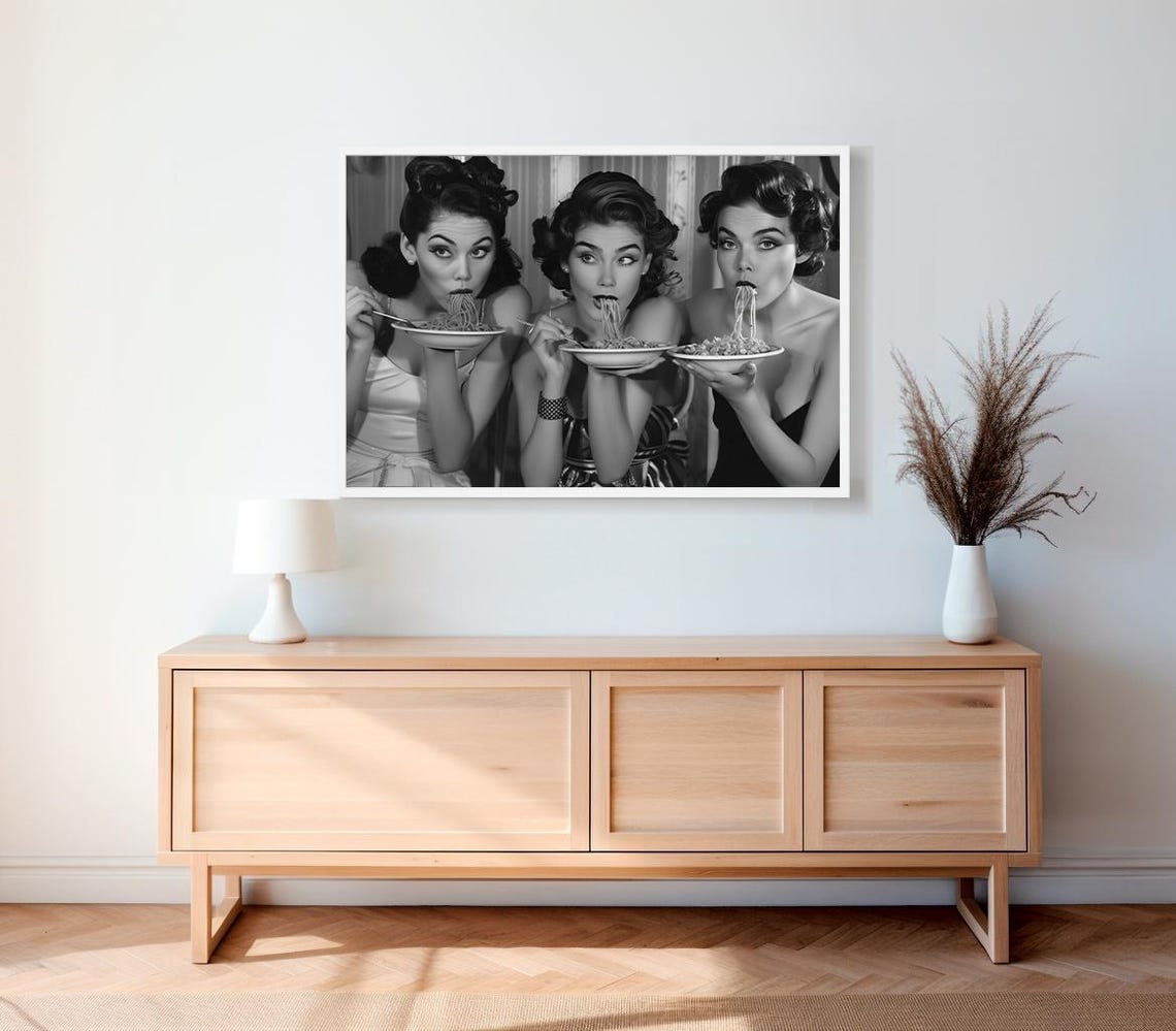 Three Women Eating Spaghetti Vintage Black White Photo Poster - Image 2